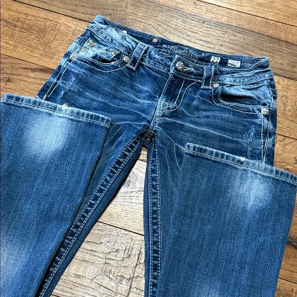 Mid Rise Boot Cut Jeans Flap Back Pockets Embroidered Studded Miss Me Women's 27